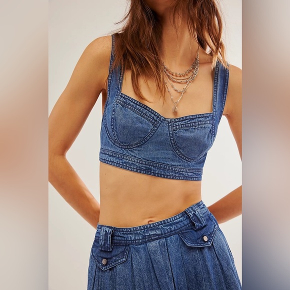 🆕 FREE PEOPLE 2-Piece Maddox Denim Skirt + Top Set in Blue Shadow - Picture 7 of 15